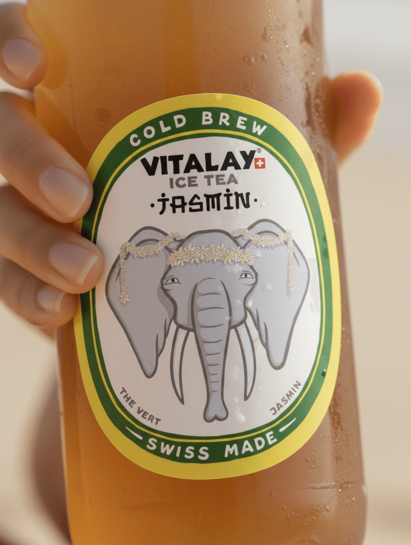 A hand holding a bottle of Jasmine iced tea, elephant label