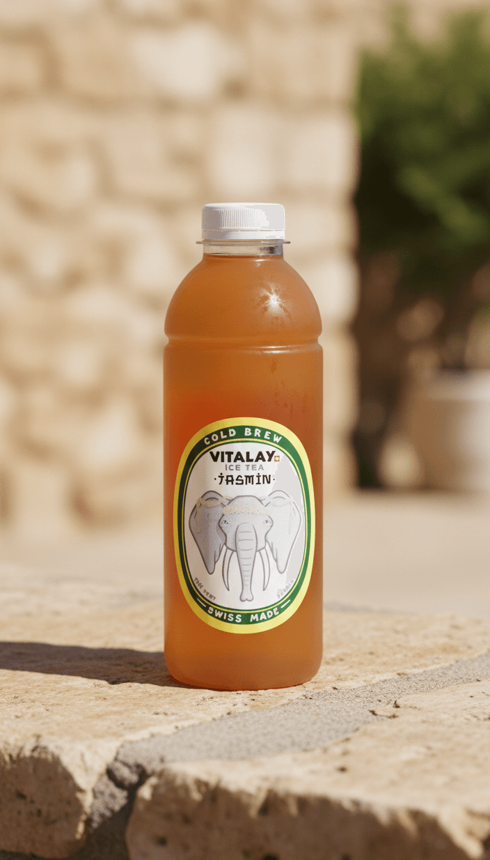 A bottle of Jasmine iced tea on a stone, in the sun
