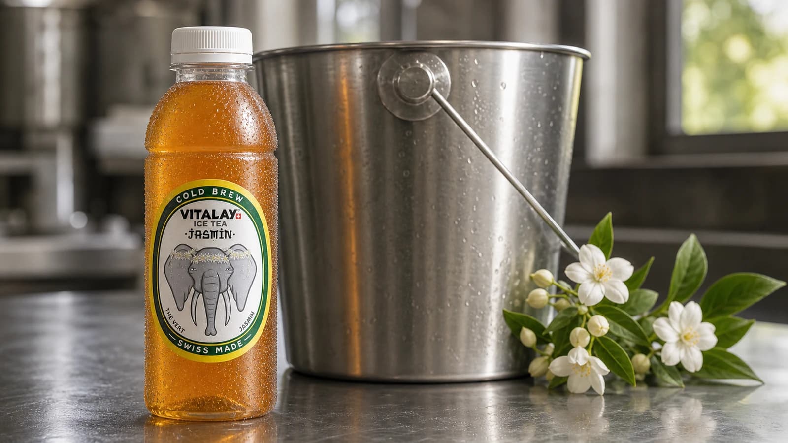 Atelier de production Vitalay : cuve d'infusion, surface inox, lumière de fenêtre latérale, ambiance sobre