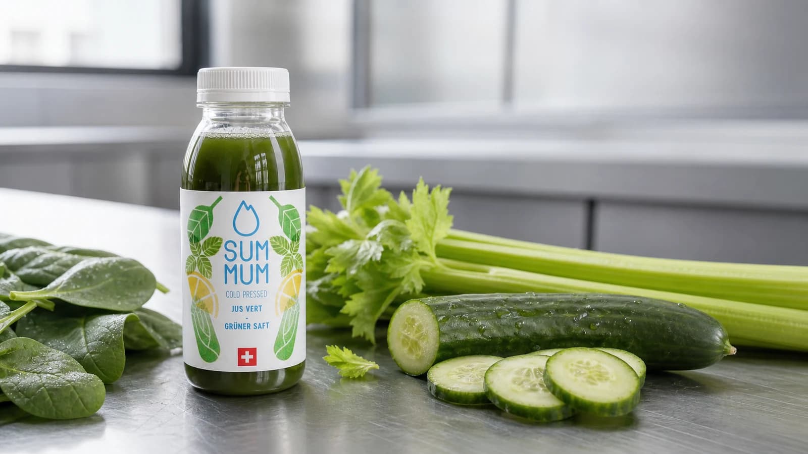 Bouteille SUM MUM Jus Vert pressé à froid sur fond ivoire, légumes verts frais en composition sobre