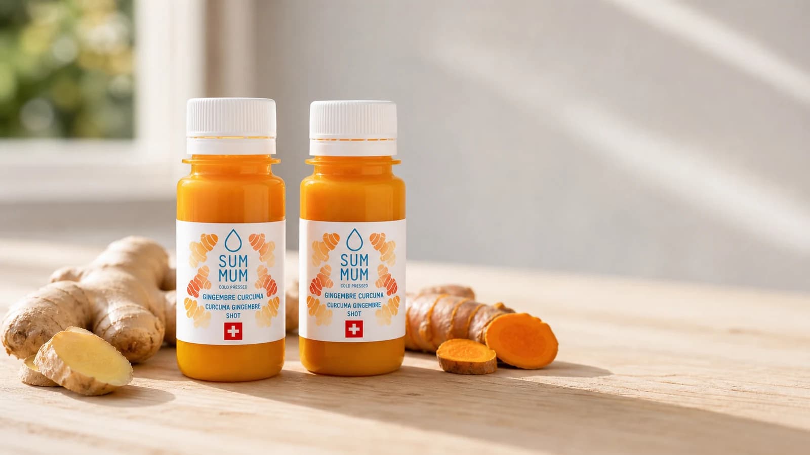 Deux shots SUM MUM gingembre curcuma sur surface bois, racines de gingembre et curcuma frais à côté