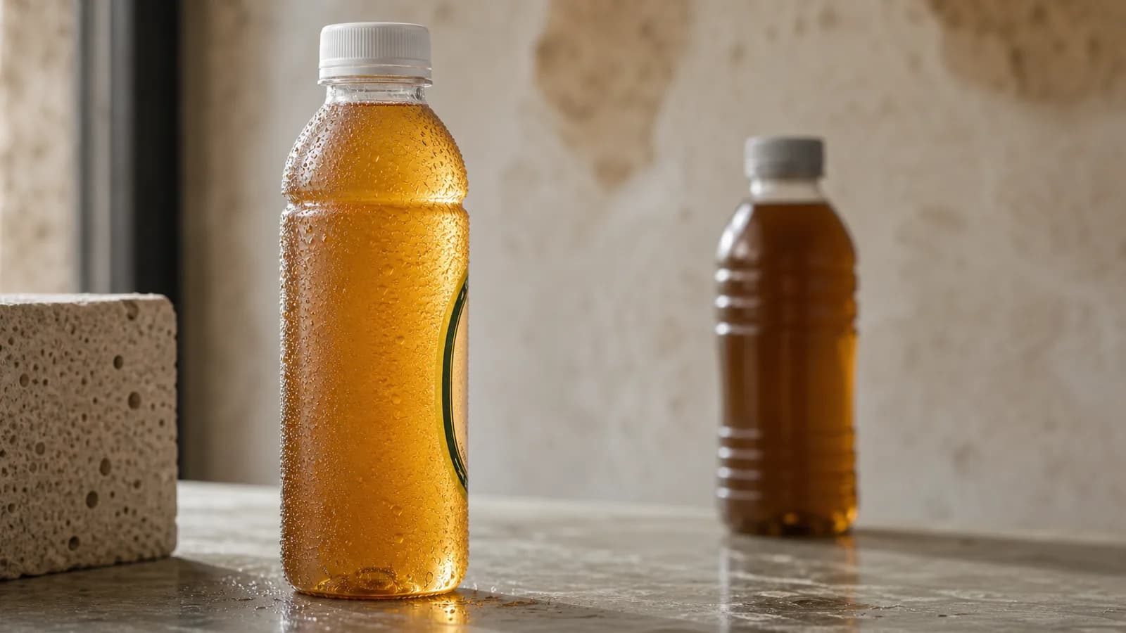 Bouteille Vitalay Thé froid Jasmin avec condensation sur pierre claire, fond flou avec canette industrielle